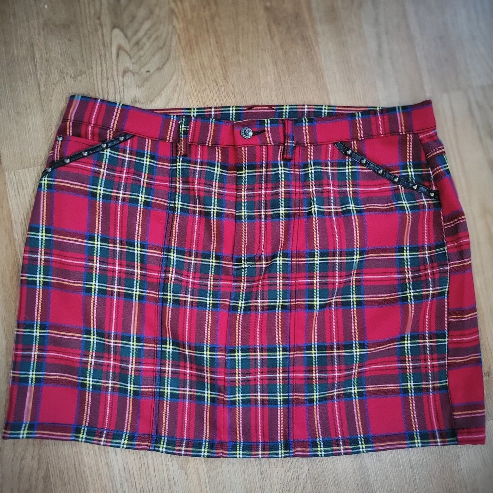 Sourpuss Red Tartan Plaid Mini Skirt Punk Goth Rockabilly Studded‎ Y2K XXL - Picture 8 of 8